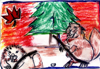 Selo Canada (simbolos do pais), papel, galhos, giz de cera s/papel 10x15